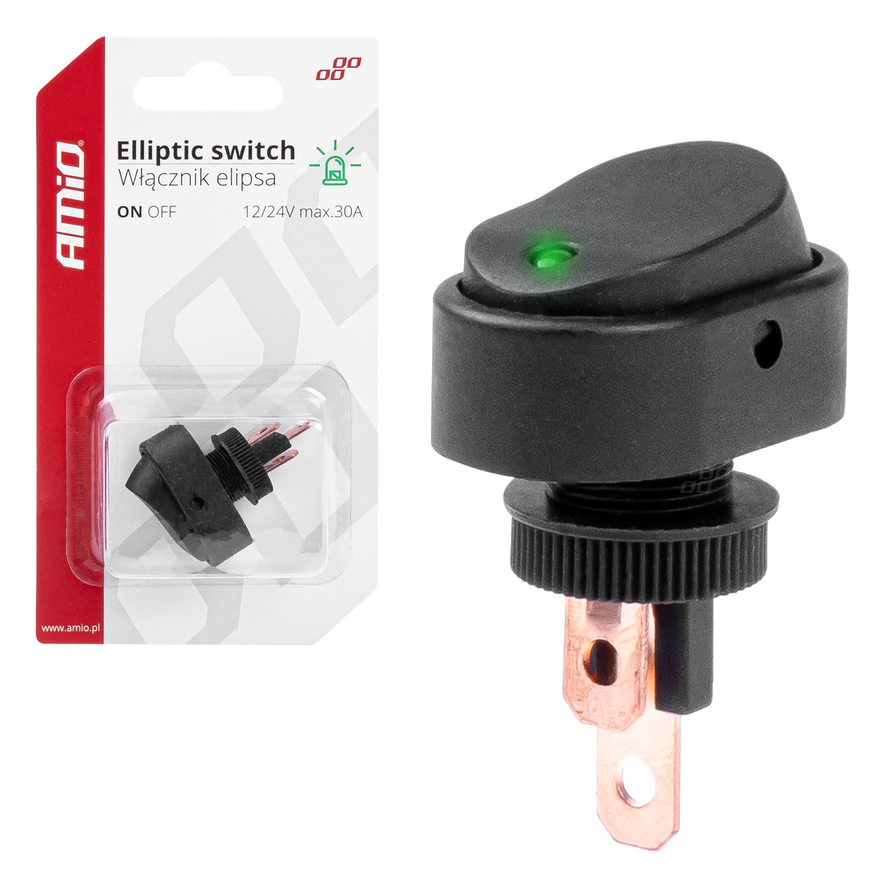 03087 Intrerupator eliptic cu lumina verde 12/24V max 30A ON/OFF BU10