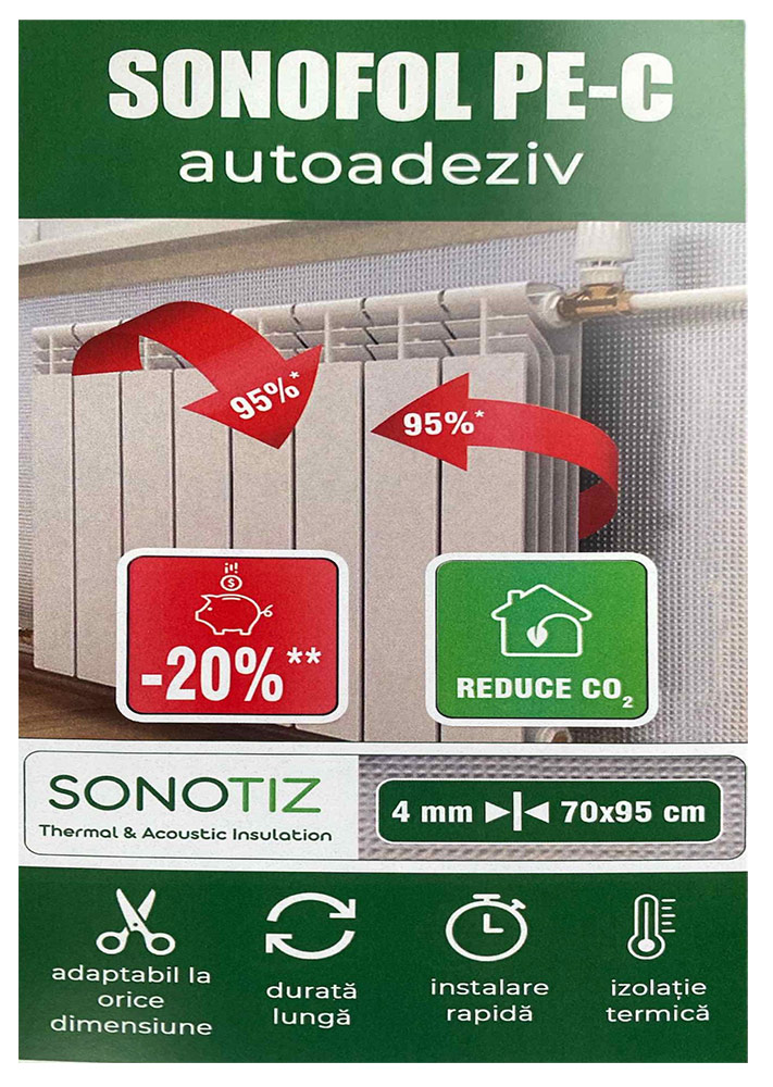 Folie reflectorizantă de caldura pentru calorifer autoadeziv SONOFOL PE-C 70cm x 95cm x 0.4cm
