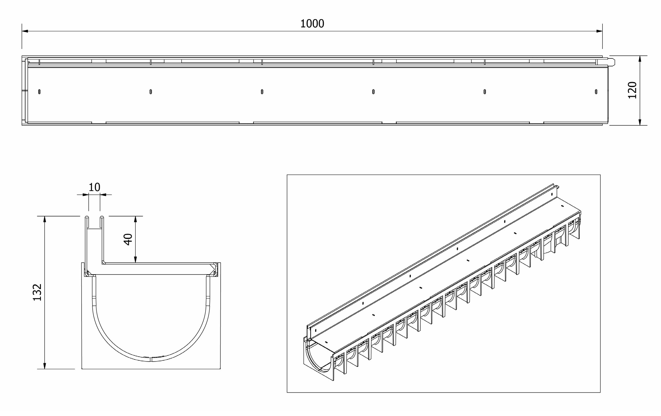 Gratar fonta canalizare fara rigola B125 H40 1000x120 мм (otel tincat) SlotTop  MUFLESYSTEM