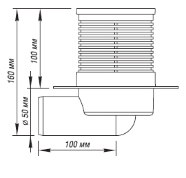 Sifon de pardoseala PP D. 50 х 90° orizontal (alb) reglabil cu grila inox (100 x 100 mm)  ORIO