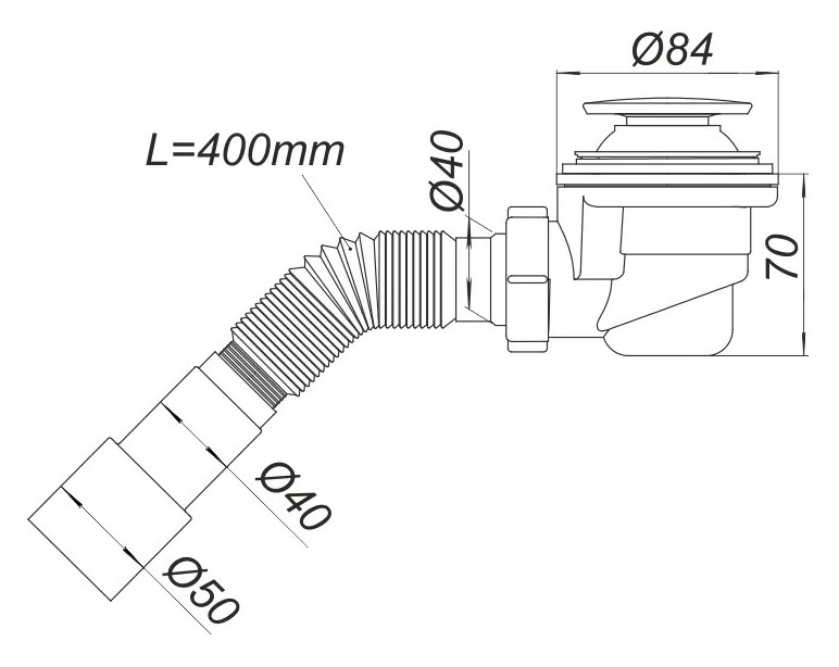 Sifon cadita dus D. 1.1/2" x 50 H=70 mm, grila plastic/crom, cu furtun gofrat 40/50 L=400 mm  SOLOPLAST