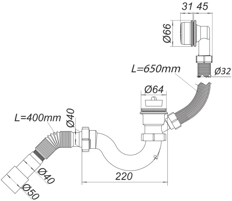 Sifon cada D. 1.1/2" x 40 "S"-tip, grila din plastic, cu preaplin si furtun gofrat 40/50  SOLOPLAST
