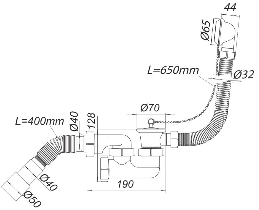 Sifon cada D. 1.1/2" x 40 reglabil, grila din metal, cu preaplin si furtun gofrat 40/50  SOLOPLAST