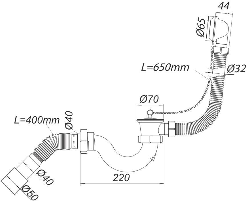 Sifon cada D. 1.1/2" x 40 "S"-tip, grila din metal, cu preaplin si furtun gofrat 40/50  SOLOPLAST
