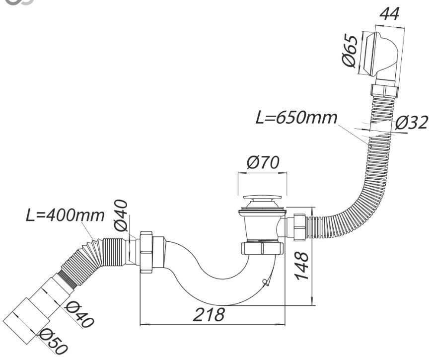 Sifon cada D. 1.1/2" x 40 "S"-tip, click-clack (convex), cu preaplin si furtun gofrat 40/50  SOLOPLAST