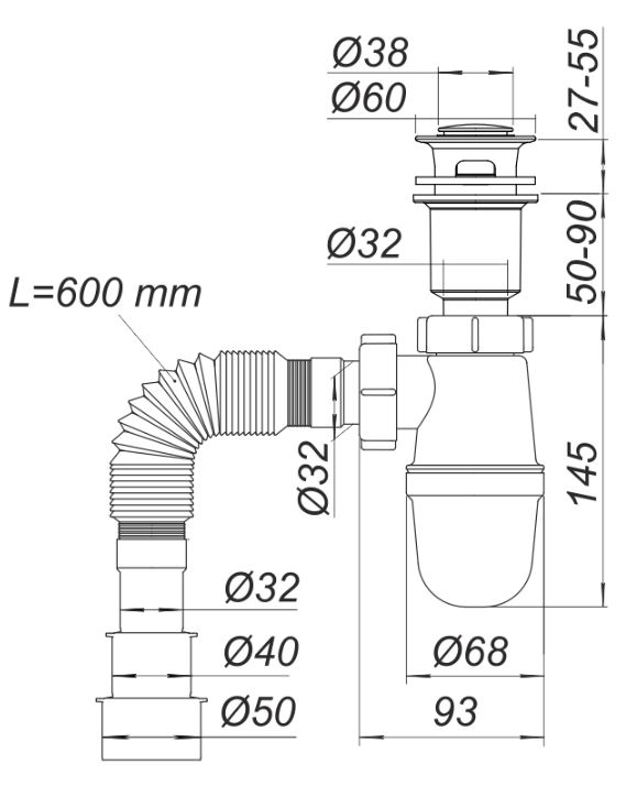 Сифон для умывальника бутылочный Click-Clack D. 1.1/4" x 32/40/50 с гибкой трубой, L max=600 мм Т0515  SOLOPLAST