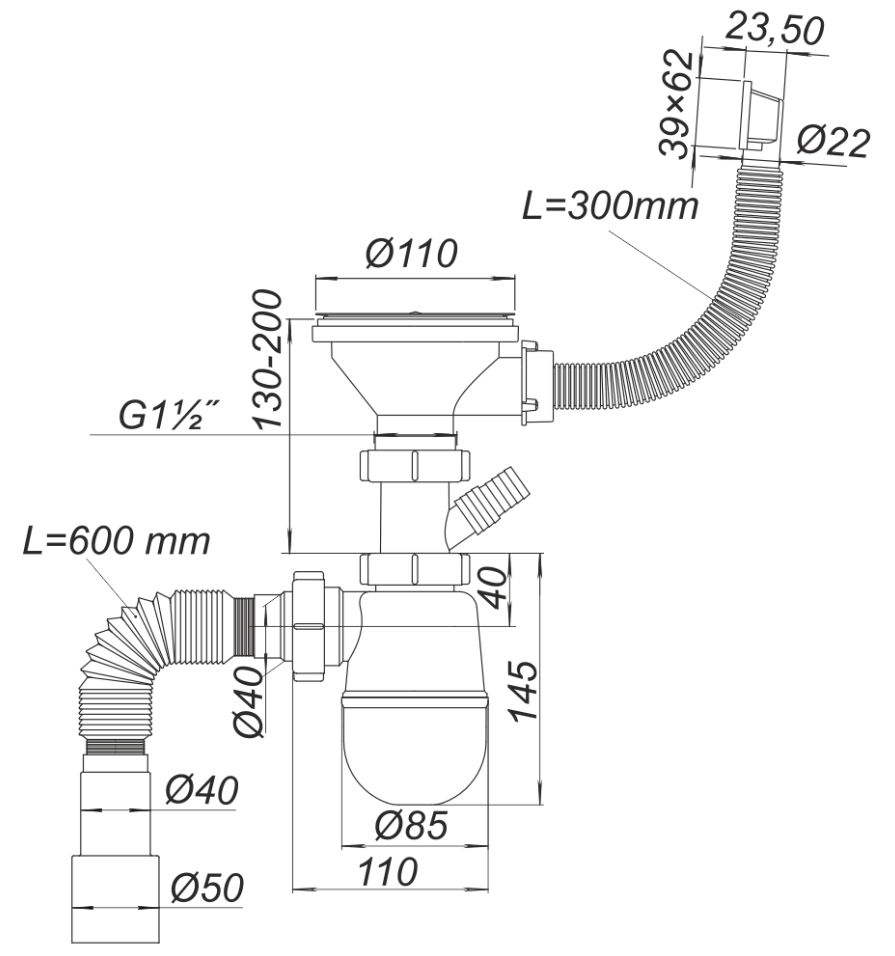 Сифон для умывальника бутылочный "элит" D. 1.1/2" x 50 с гибкой трубой (L max=600 мм)   SOLOPLAST