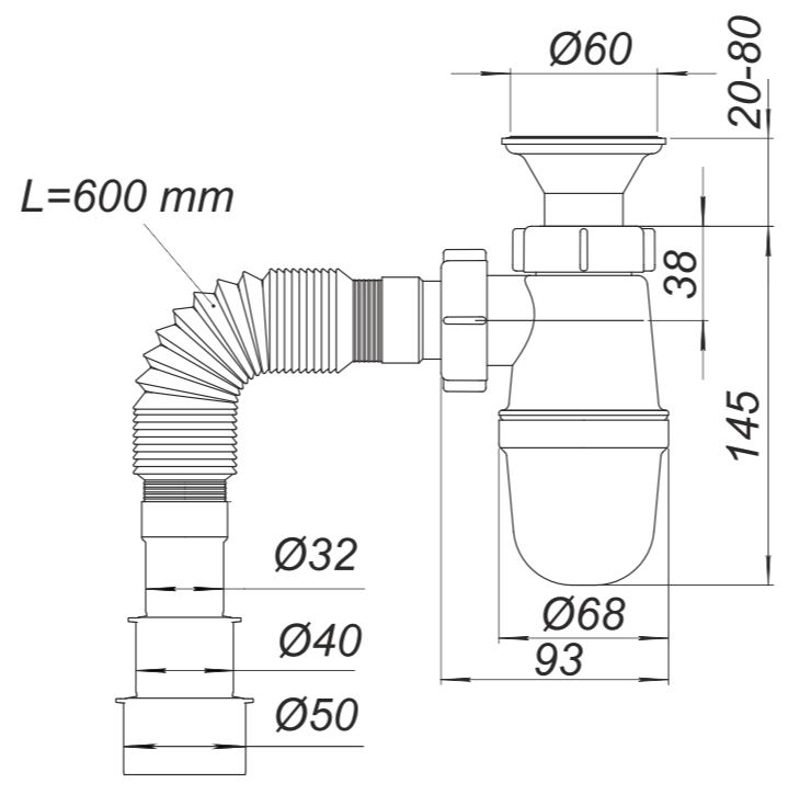 Сифон для умывальника гофрированный D. 1.1/4" x 32/40/50 выпуск из нержавеющей стали 60, L=600 мм  SOLOPLAST