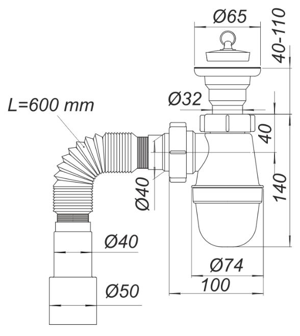 Sifon lavoar tip "butelie" Universal D. 1.1/4" x 50 cu furtun (L max=600 mm) У0110  SOLOPLAST