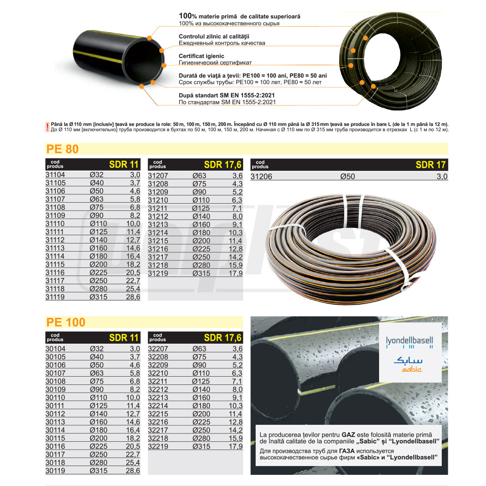 Teava D. 90/SDR17.6 x 5.2 PE100  SM EN 1555-2:2021 GAZ