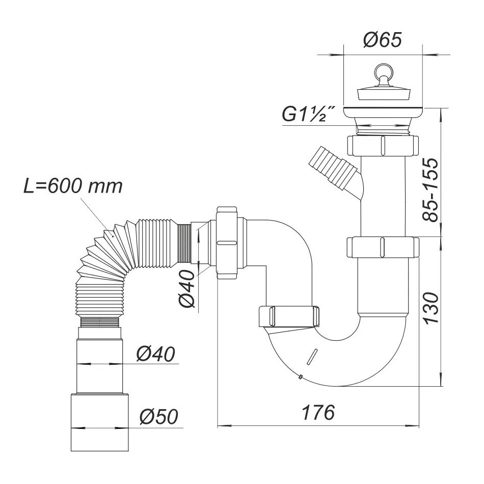 Сифон для мойки прямоточный D. 1.1/2" x 40, c 1 отводом, с гибкой трубой 40/50, L max.=600 мм и пробкой Н0110  SOLOPLAST
