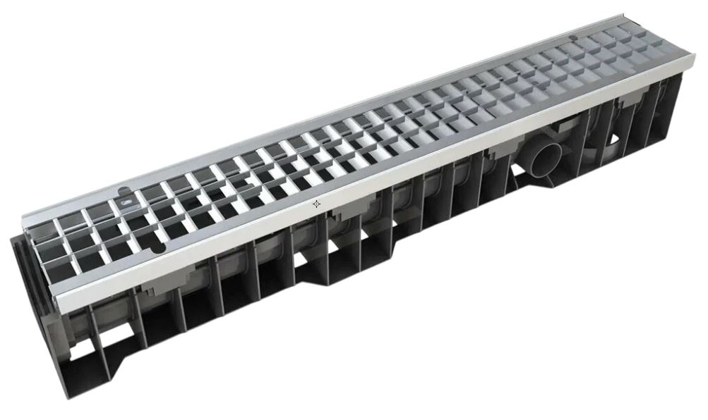 Rigola canalizare HDPE cu grila din otel B125 1000x200x160 mm  Heelsafe Mesh 33x15 VIP  MUFLESYSTEM