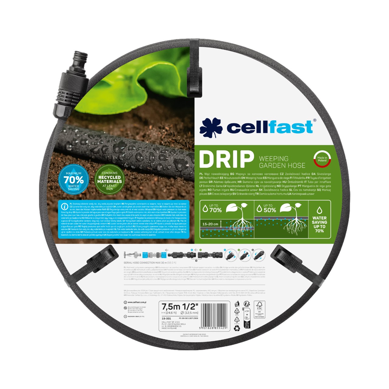 Furtun-aspersor D. 1/2" L=7.5 m + set de conectori DRIP  CELLFAST
