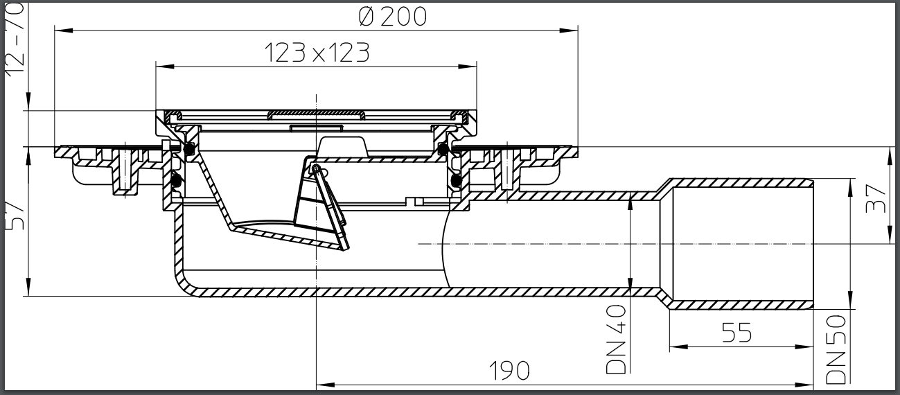 Sifon de pardoseala orizontal PP D. 40/50 pentru balcon/terasa, cu grila inox (123 x 123 mm) HL90.2  HL