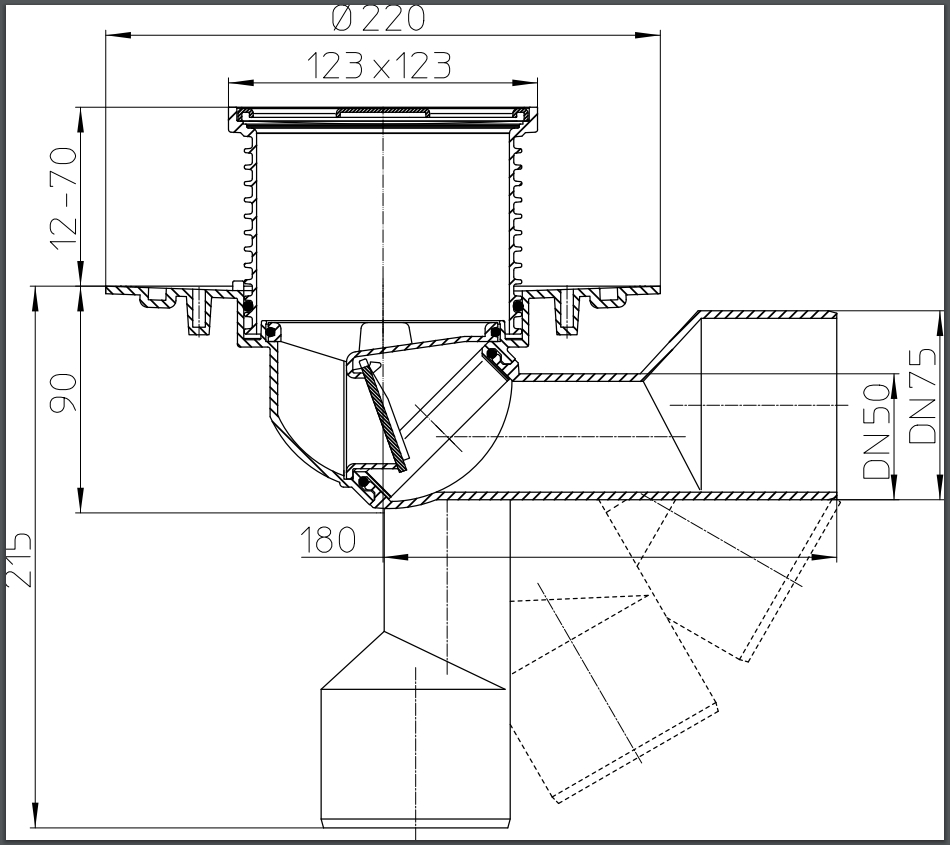 Sifon de pardoseala reglabil PP D. 50/75 pentru balcon/terasa, cu grila inox (123 x 123 mm) HL80  HL