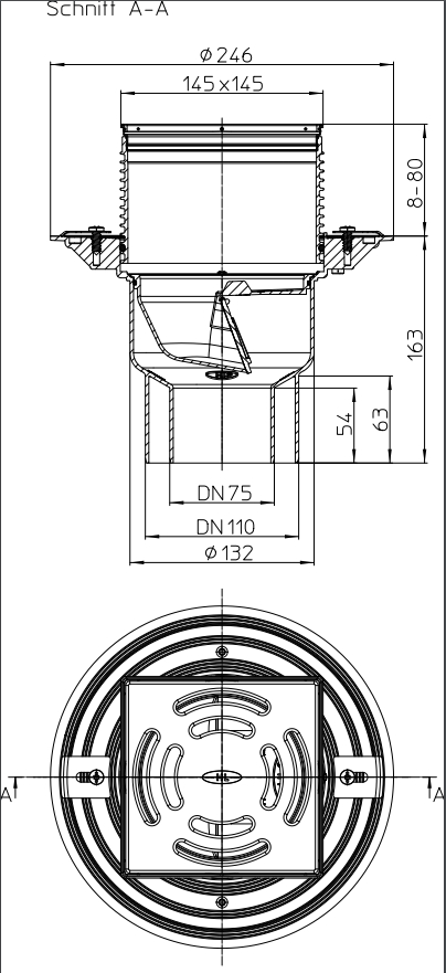 Трап ПП вертикальный D. 75/110 для балкона/терассы (145 x 145 мм, решетка из нержавеющей стали) HL3100T  HL