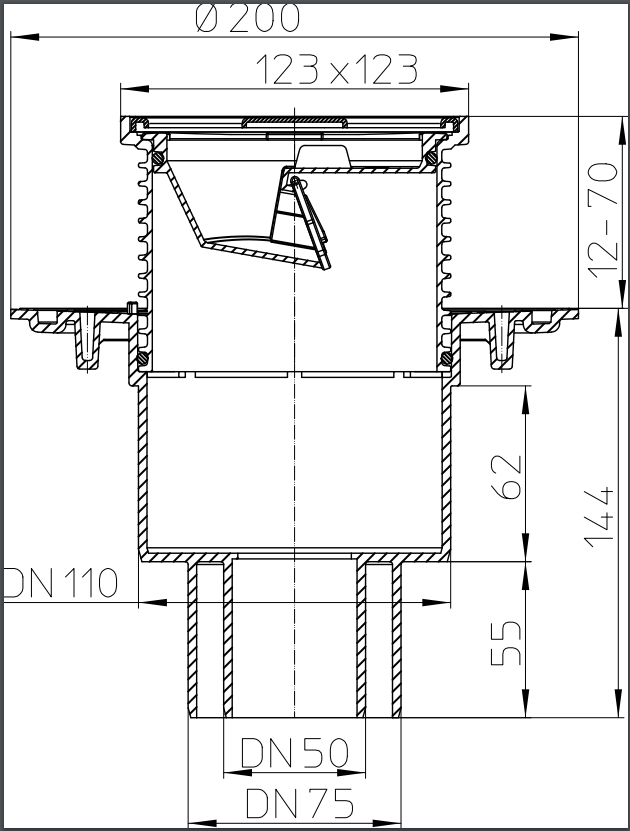 Sifon de pardoseala vertical PP D. 50/75/110 pentru balcon/terasa, cu grila inox (123 x 123 mm) HL310N.2  HL