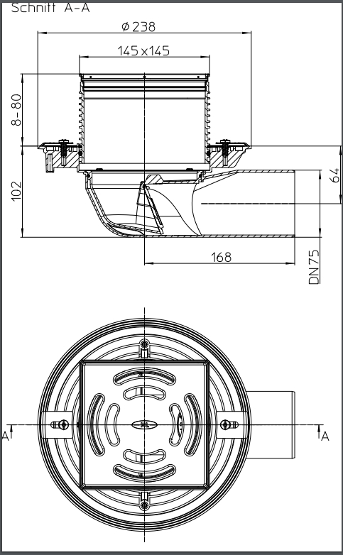 Sifon de pardoseala orizontal PP D. 75 pentru balcon/terasa, cu grila inox (145 x 145 mm) HL5100T  HL