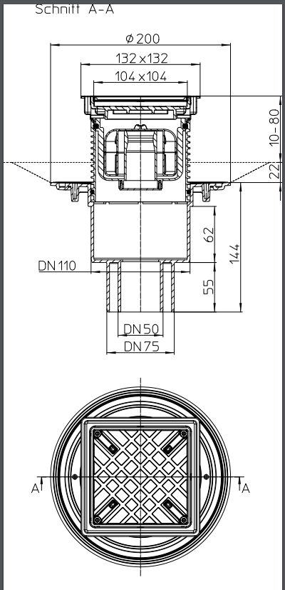 Sifon de pardoseala interior vertical PP D. 50/75/110 cu grila inox (132 х 132 mm) HL310NPr-3020  HL