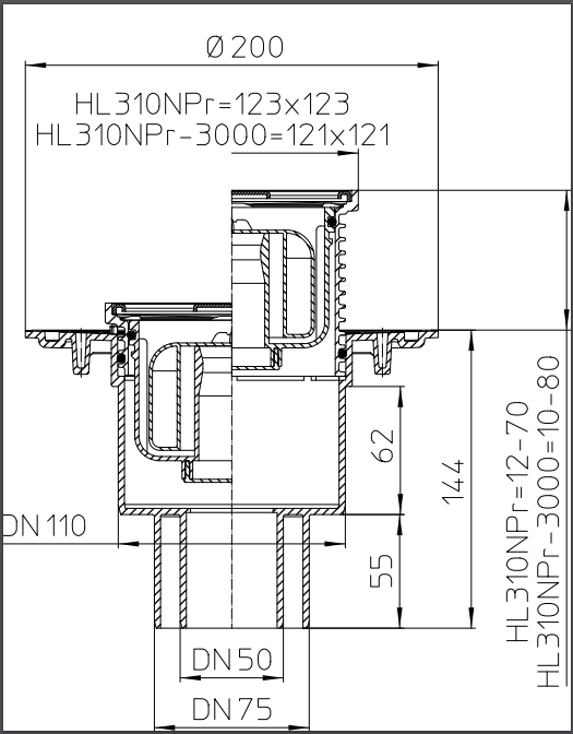 Трап внутренний вертикальный ПП HL310Prblue D. 50/75/110 (сухой) (123 x 123 мм, решетка из нержавеющей стали)   HL