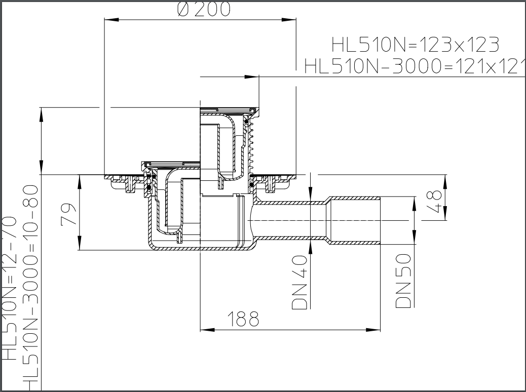 Sifon de pardoseala interior orizontal PP HL510N  HL D. 40/50 cu grila inox (123 x 123 mm)  HL