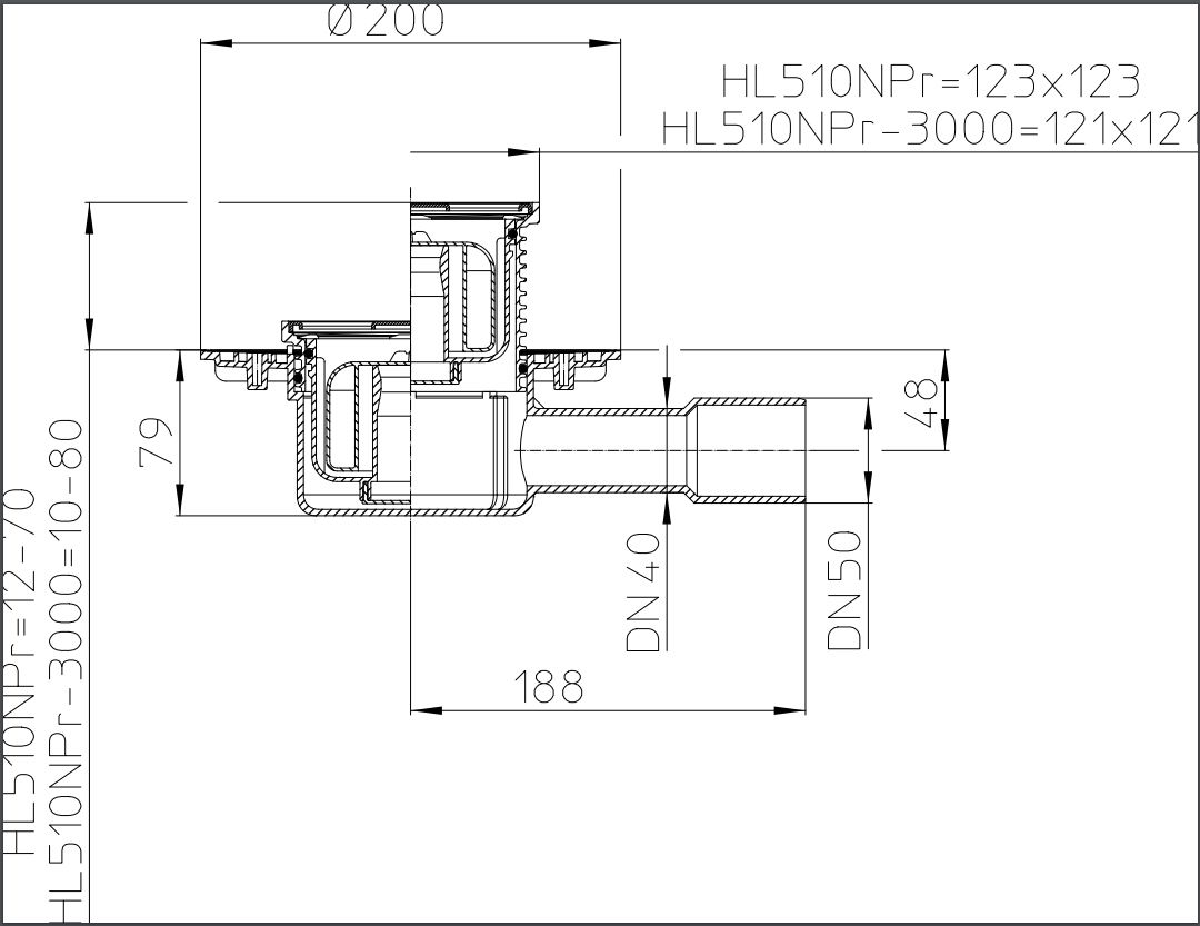 Sifon de pardoseala interior orizontal PP D. 40/50 cu grila inox (123 x 123 mm) H=79 mm HL510NPr  HL