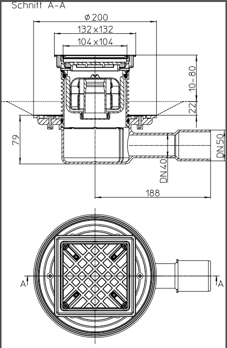 Трап внутренний горизонтальный ПП (сухой) D. 40/50 (132 x 132 мм, решетка из нержавеющей стали) для керамической плитки HL510NPr-3020  HL