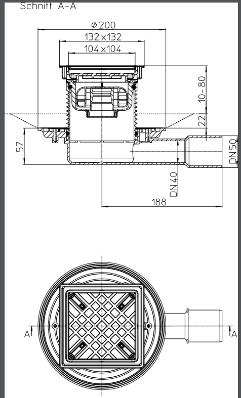 Трап внутренний горизонтальный ПП (сухой) D. 40/50 (132 x 132 мм, решетка из нержавеющей стали) плоский для керамической плитки HL90Pr-3020  HL