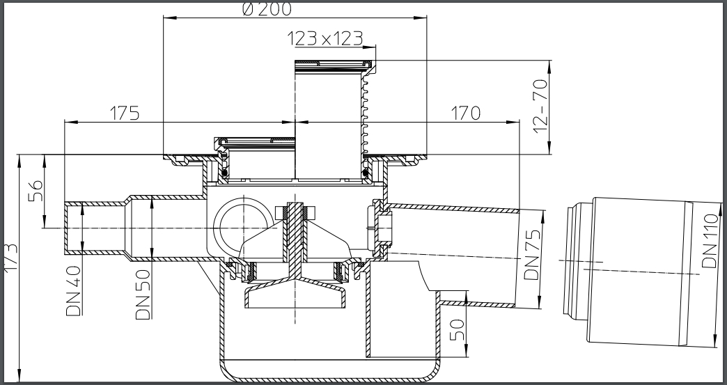 Sifon de pardoseala interior orizontal PP D.110/75 cu siguranta antiretur si 3 intrari laterale D. 50/40, cu grila inox (123 x 123 mm) HL70  HL