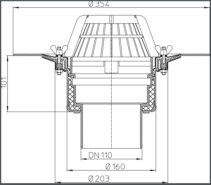 Gura de scurgere verticala cu flansa D.110 Q=10.7 L/s HL62/1  HL