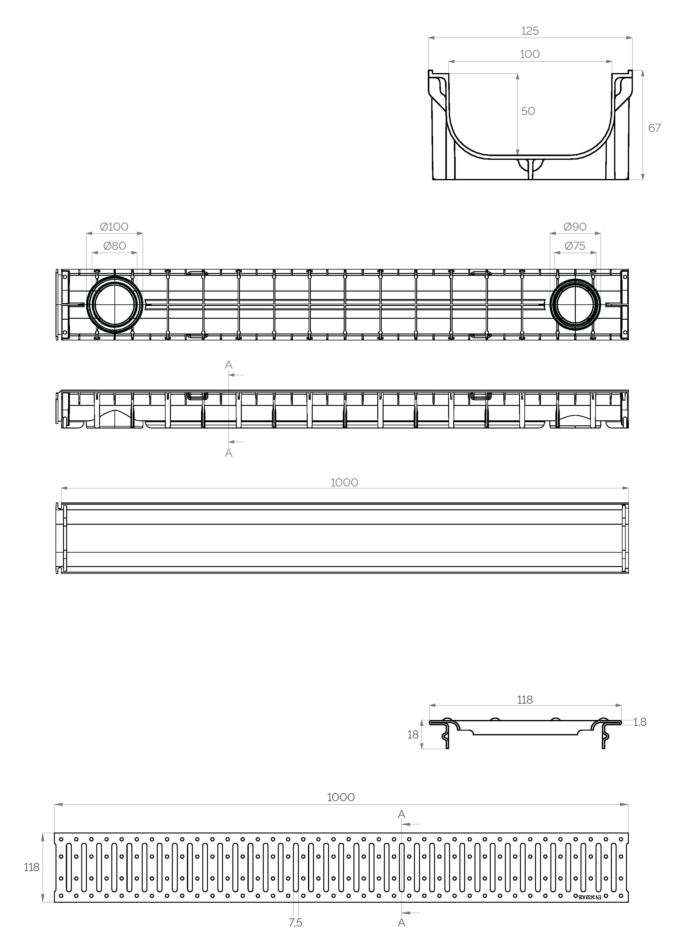 Решетка канализационная с лотком A15 (сталь оцинкованная) ПП  100x50x1000 мм (вертикальный выход D.110x75)  SAB