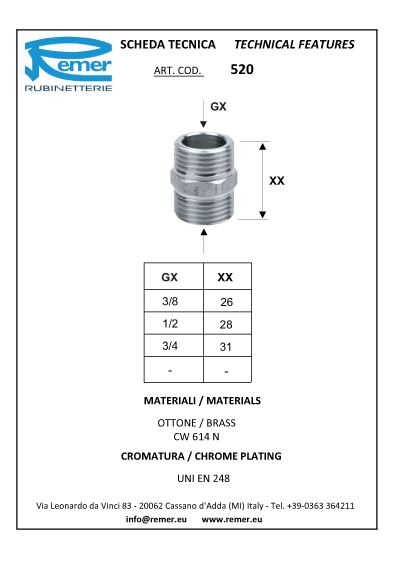 Niplu D. 1/2" cromat Art. 520  REMER