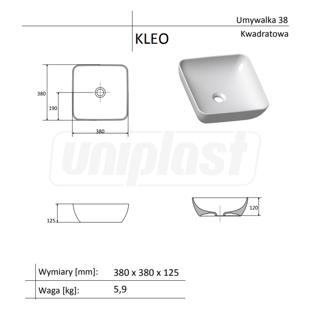 Lavoar ceramica patrat 38 KLEO (380 x 380 x 125 mm)  CERANO