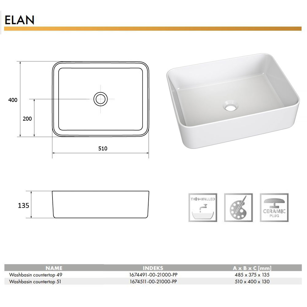 Lavoar ceramica dreptunghiular 49 ELAN (485 x 375 x 135 mm)  CERANO