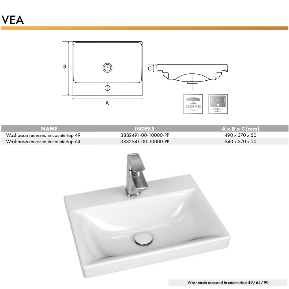 Lavoar ceramica pentru mobilier dreptunghiular 49 VEA (490 x 370 x 50 mm)  CERANO