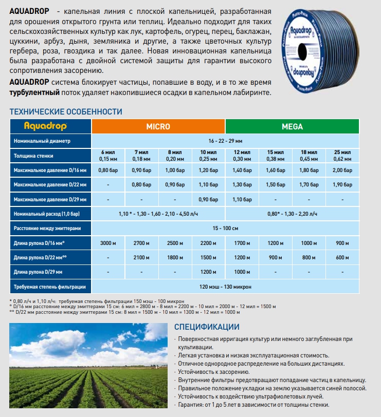 Лента D. 16 мм, 6 mil, 20 см, 0.8 bar, 1.3 LPH Aquadrop/Dropline  PLASTIC-PUGLIA L=3000 м