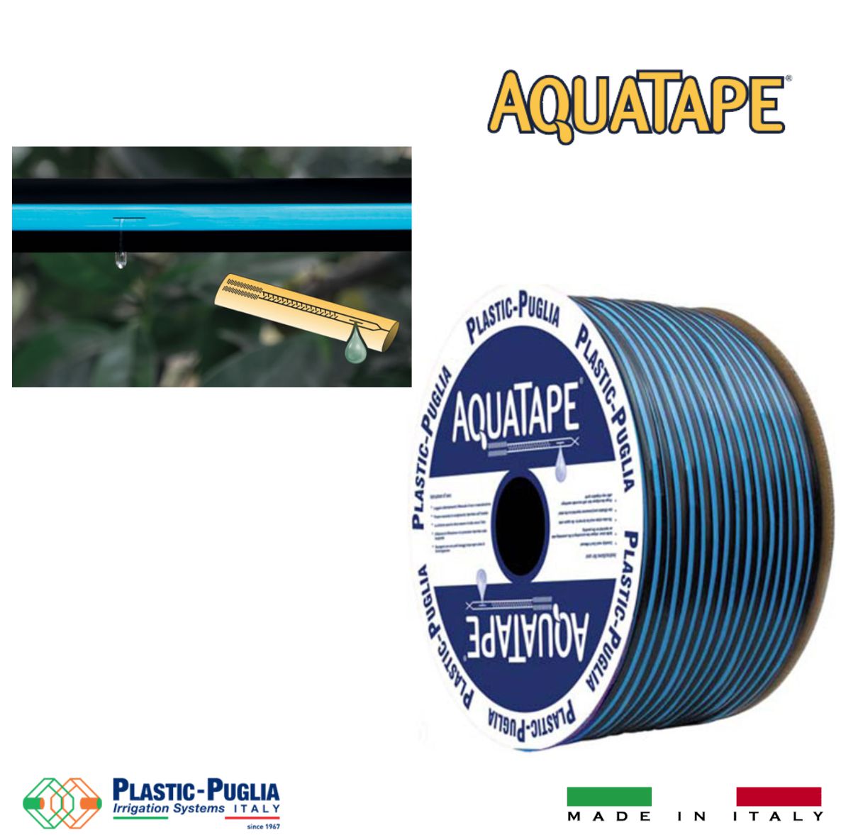 Banda pentru irigatii prin picurare D. 16 mm, 6 mil, 20 cm, 0.8 bar, 1.5 LPH Aquatape/Tapeline  PLASTIC-PUGLIA