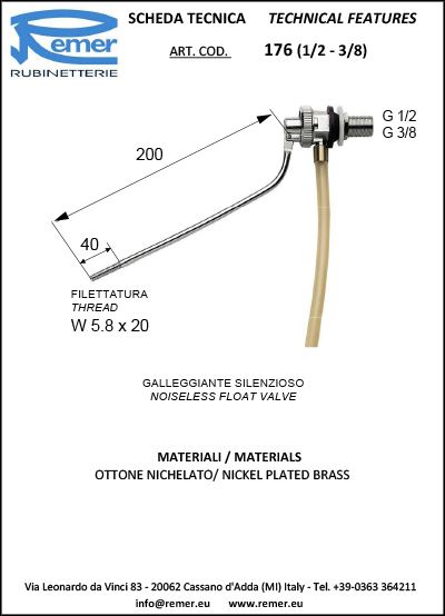 Mecanism WC D. 3/8" supapa flotor orizontal rezervor (Art. 176)  REMER