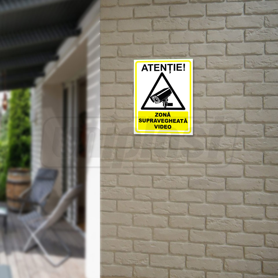 Indicator de avertizare "ZONA SUPRAVEGHEATA VIDEO" Autocolant + Dibond 26 x 20 cm