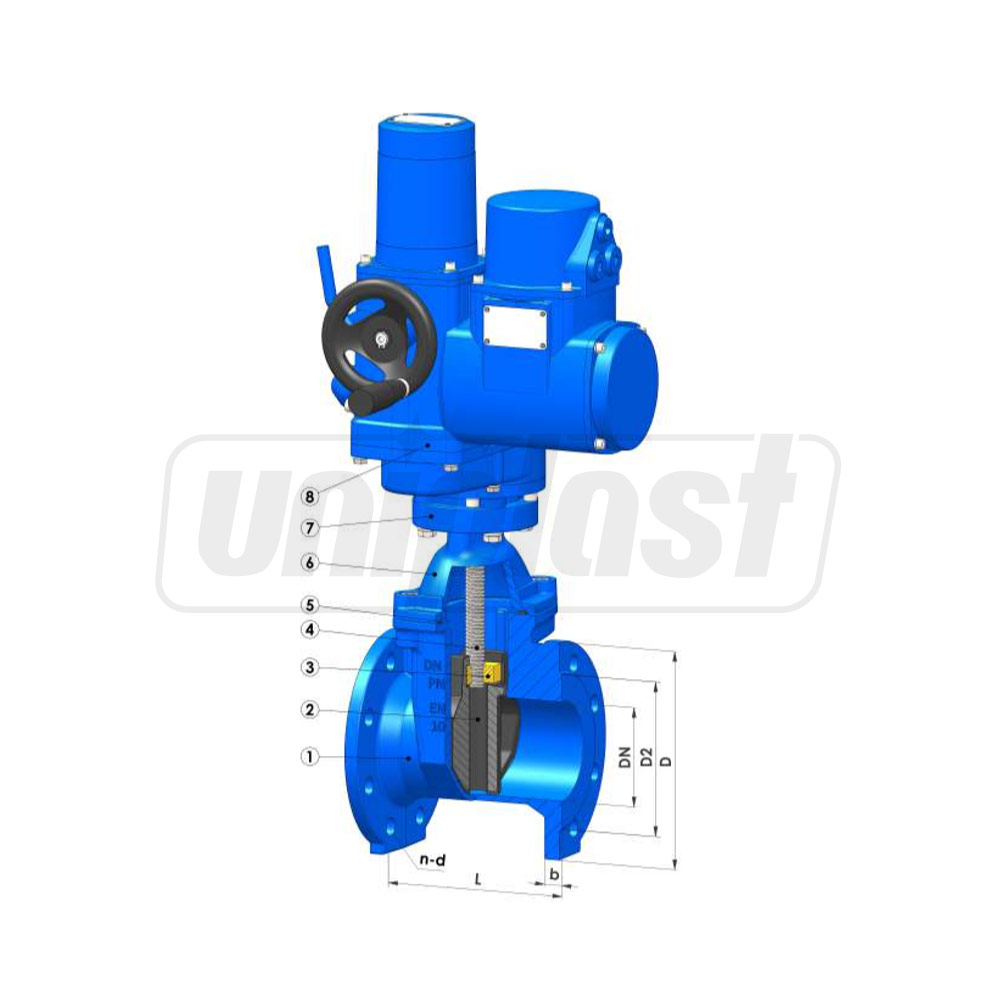 Vana fonta cu actionare electrica D. 50 PN16 pana cauciucata DIN (L=150 mm) (4 gauri)  WATO
