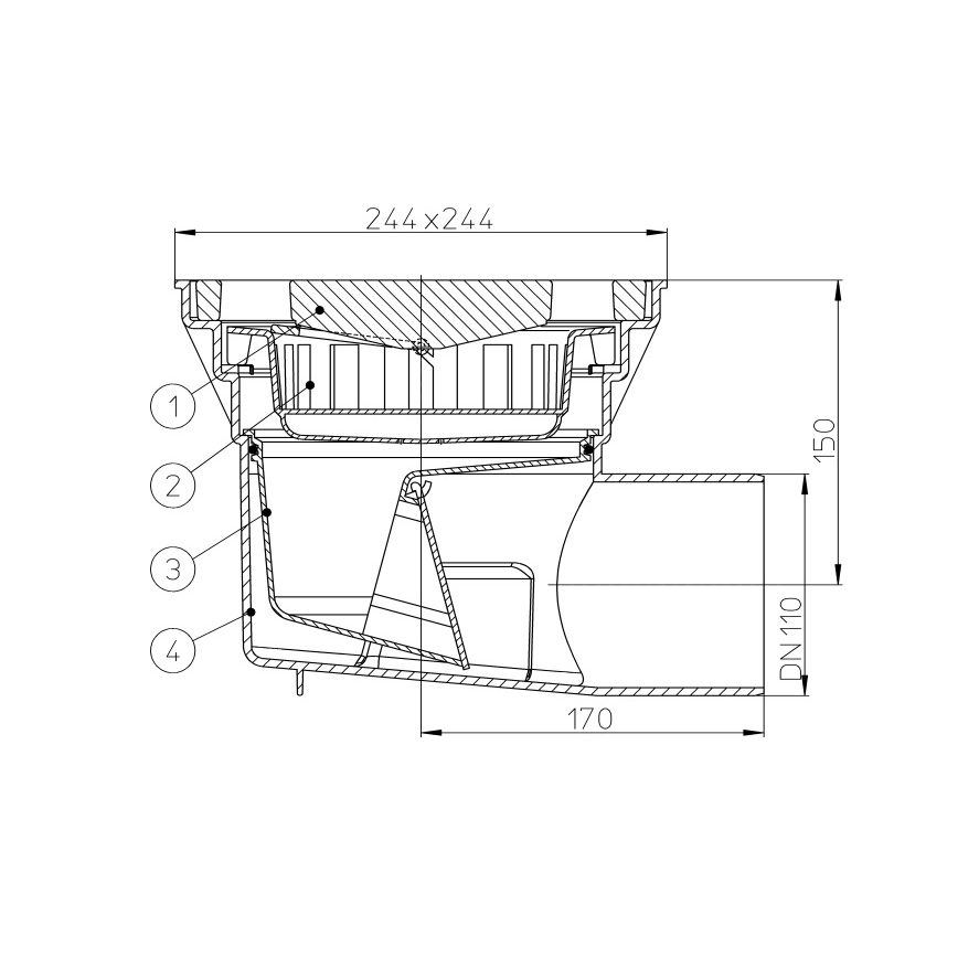 Sifon exterior orizontal D.110 fonta, 244 х 244 mm, H=200 mm, 7 t HL605  HL