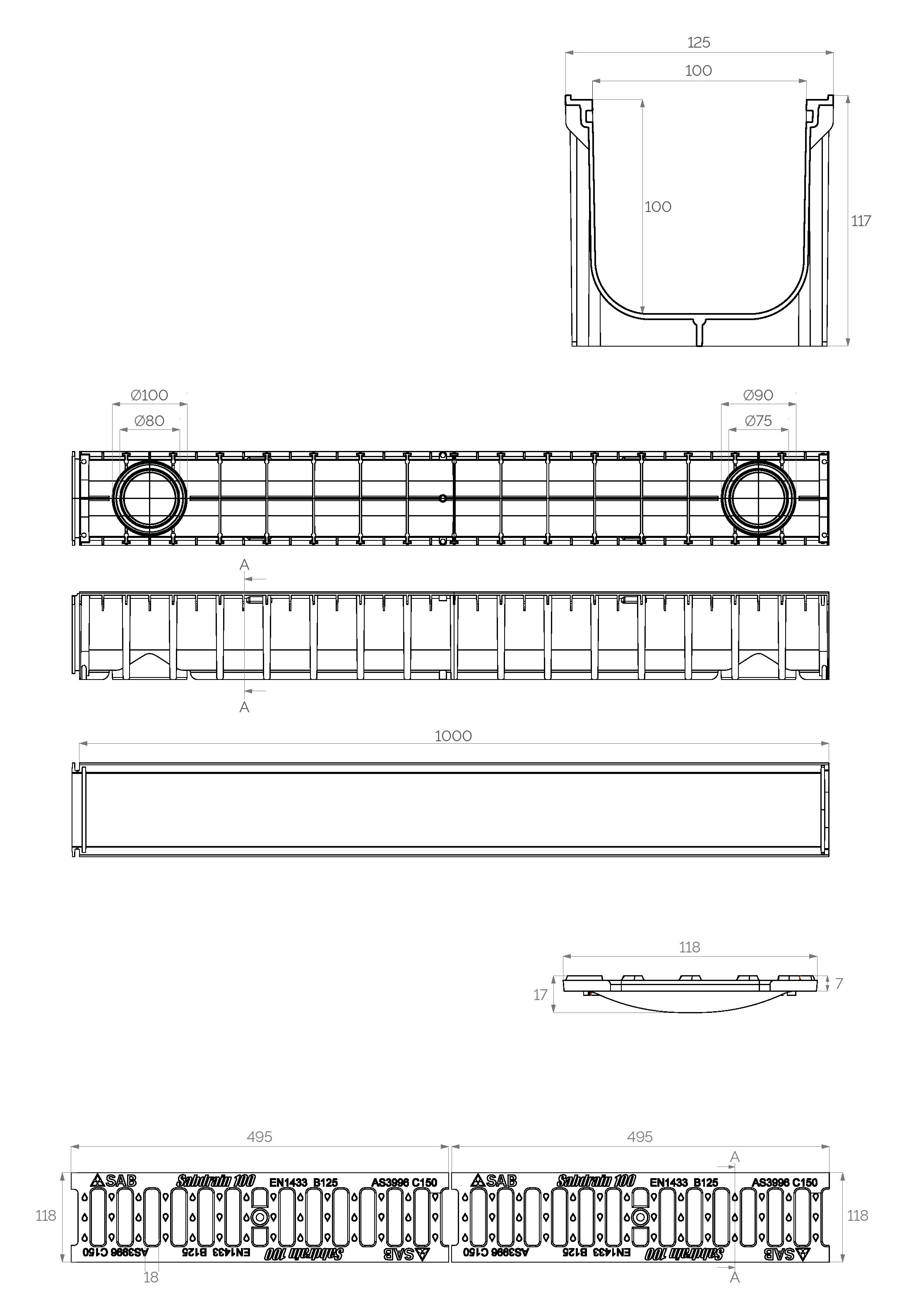 Решетка канализационная с лотком B125 (чугунная) лоток ПП 1000x100x100 мм  SAB
