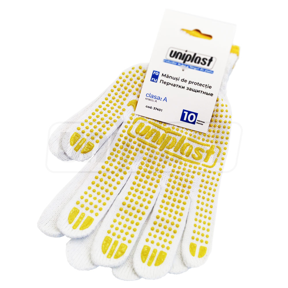 Manusi bumbac (albe) cu strat protector din gel PVC galben, suprapuse 10" CLASA A  UNIPLAST