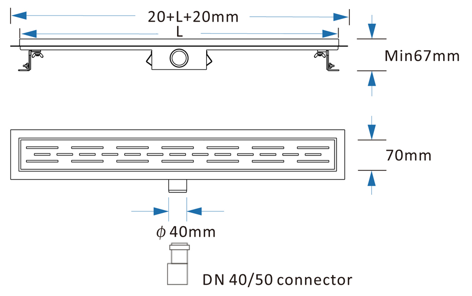 Rigola de dus lineara set 700 x 70 mm D. 50 x 90° SMOOTH (Otel Inox, neted) FLH40-A2 С15  UNIPLAST