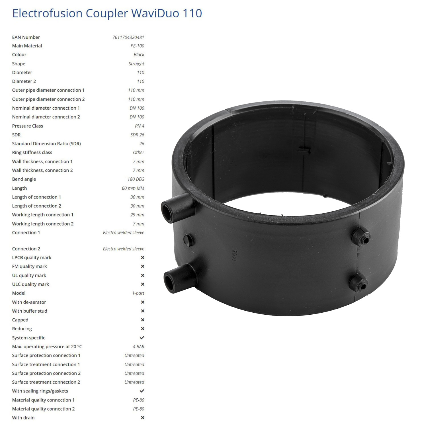 Муфта e/f D.110 PE100 SDR26 PN4 L=60 мм  WAVIN