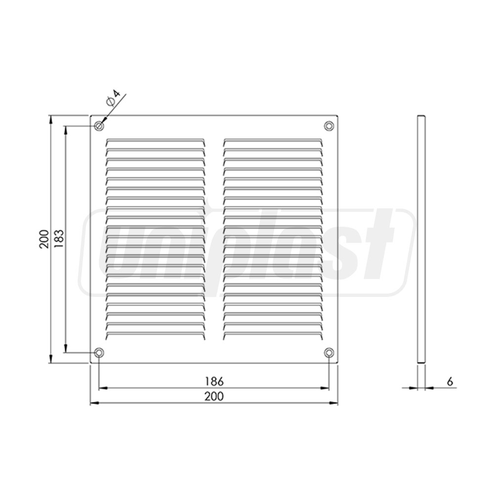 Grila ventilatie metal dreptunghiulara 200 x 200 mm (cu plasa metalica) (alba) MR2020  EUROPLAST