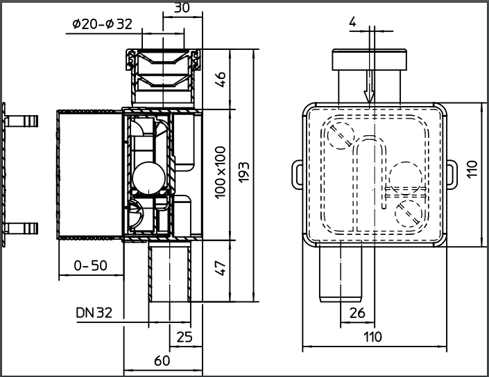 Sifon pentru aparat de aer conditionat, incorporat D. 32 100 x 100 mm HL138  HL