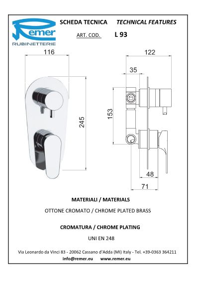 Baterie baie/dus pentru montare ascunsa, cu 3 cai CLASS LINE 93L  REMER