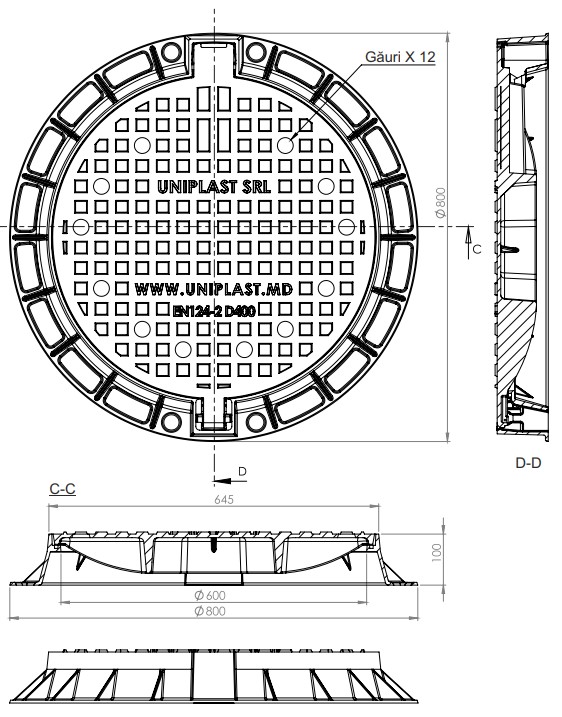 Capac ventilat din fonta D.600 EN-124 D400 50 kg cu gauri (645x770x100 mm) TR