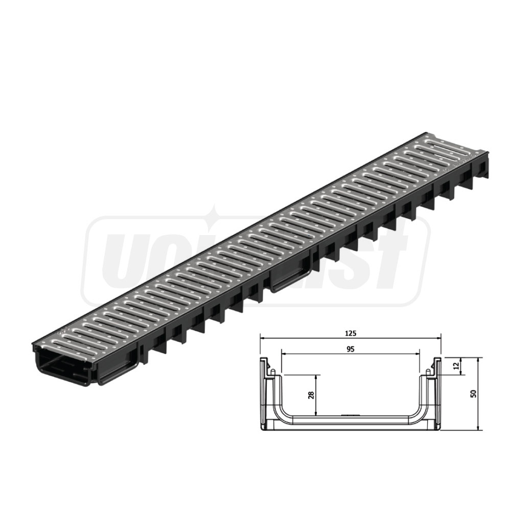 Rigola plastic (HDPE) cu grila din otel zincat 4ALL H50 100x30x1000 mm (otel zincat) A15 EN1433 (D.110, 75, 32)  MUFLESYSTEM